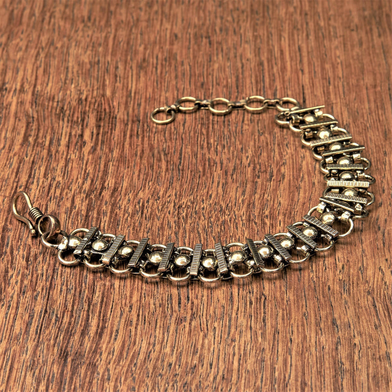Artisan handmade golden toned brass, decorative beaded infinity link chainmail bracelet designed by OMishka.