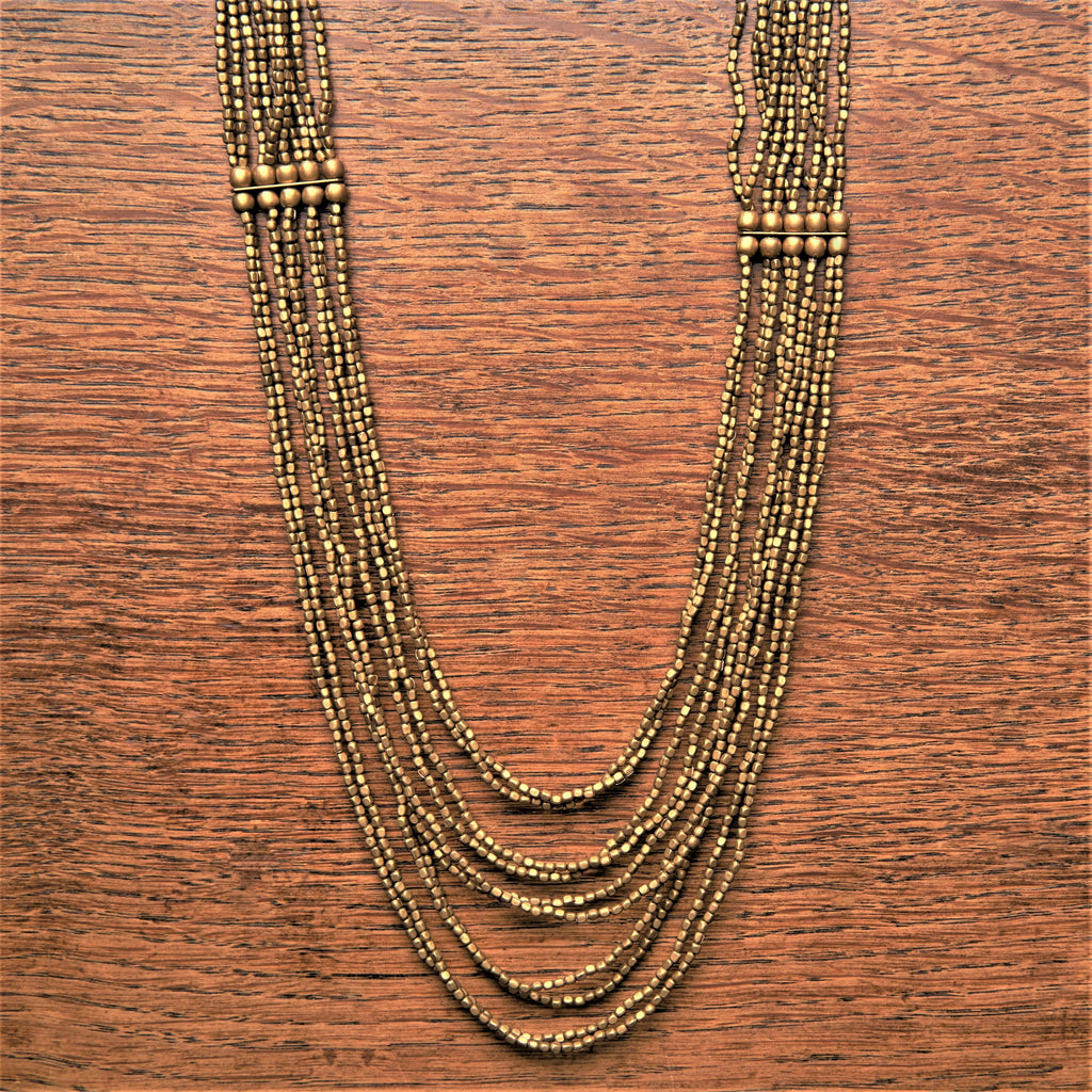 Artisan handmade pure brass, tiny cube beaded, layered multi row necklace designed by OMishka.