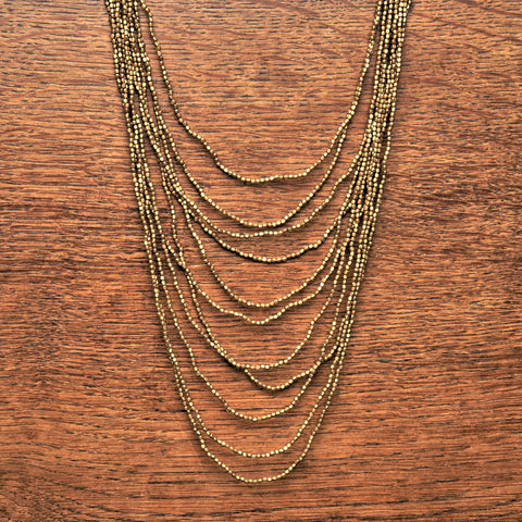 Long Pure Brass Charm Beaded Multi Strand Necklace
