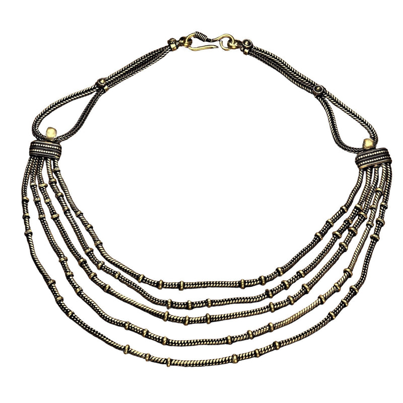 Artisan handmade pure brass, multi row, subtle disc beaded, snake chain necklace designed by OMishka.