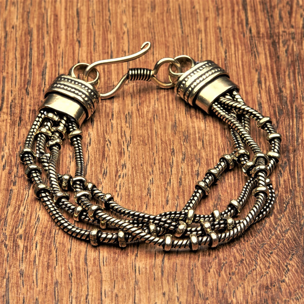 Artisan handmade pure brass, multi four strand, subtle beaded snake chain designed by OMishka.