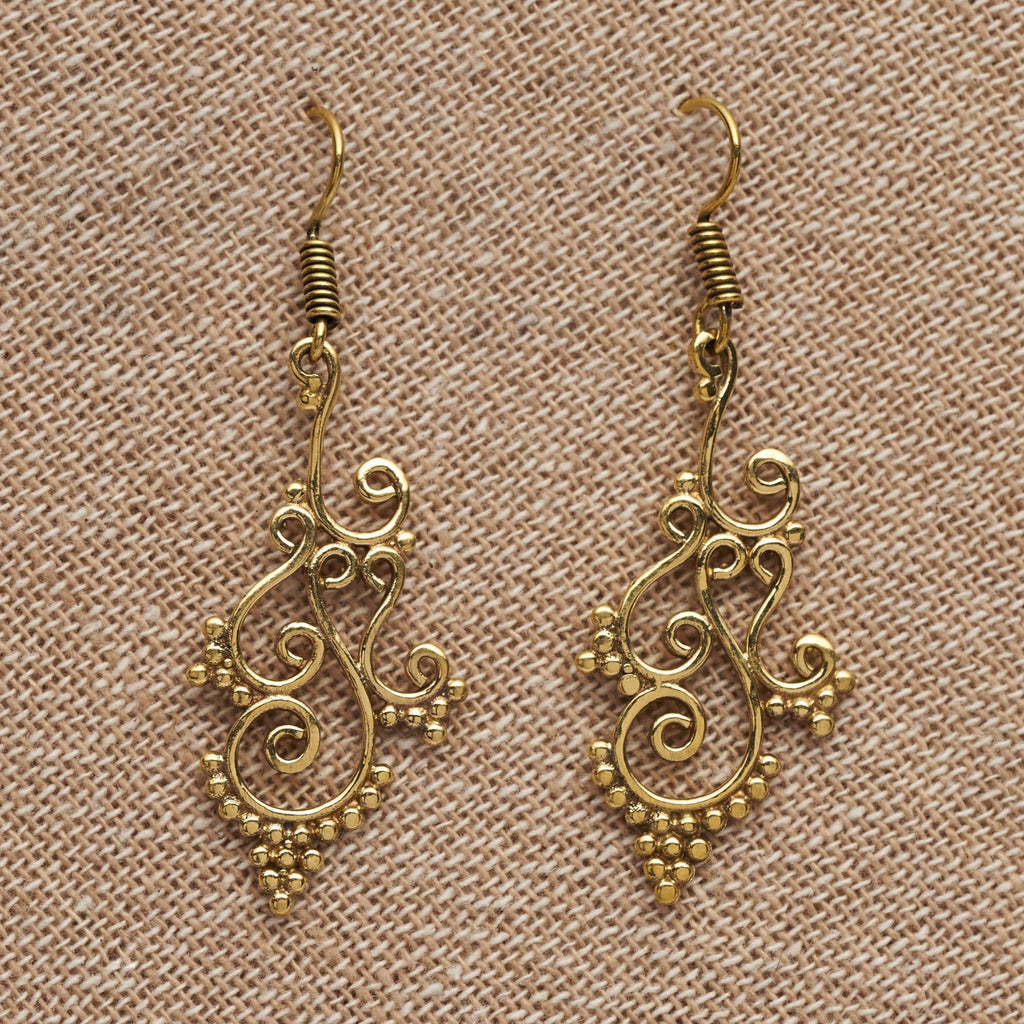 Artisan handmade pure brass, tiny beaded tendril patterned, drop hook earrings designed by OMishka.