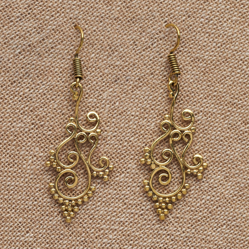 Artisan handmade pure brass, tiny beaded tendril patterned, drop hook earrings designed by OMishka.