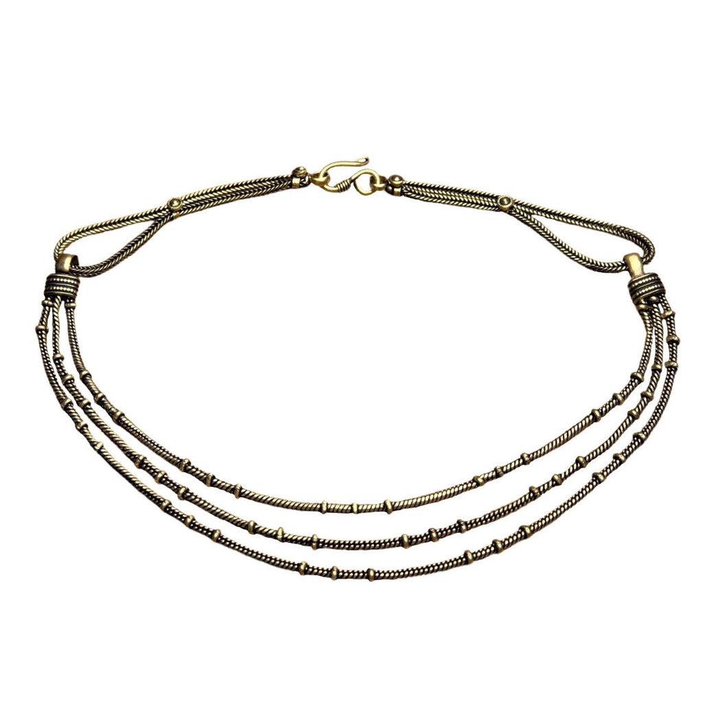 Artisan handmade pure brass, three row, subtle beaded, adjustable snake chain necklace designed by OMishka.