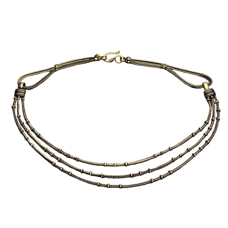 Artisan handmade pure brass, three row, subtle beaded, adjustable snake chain necklace designed by OMishka.