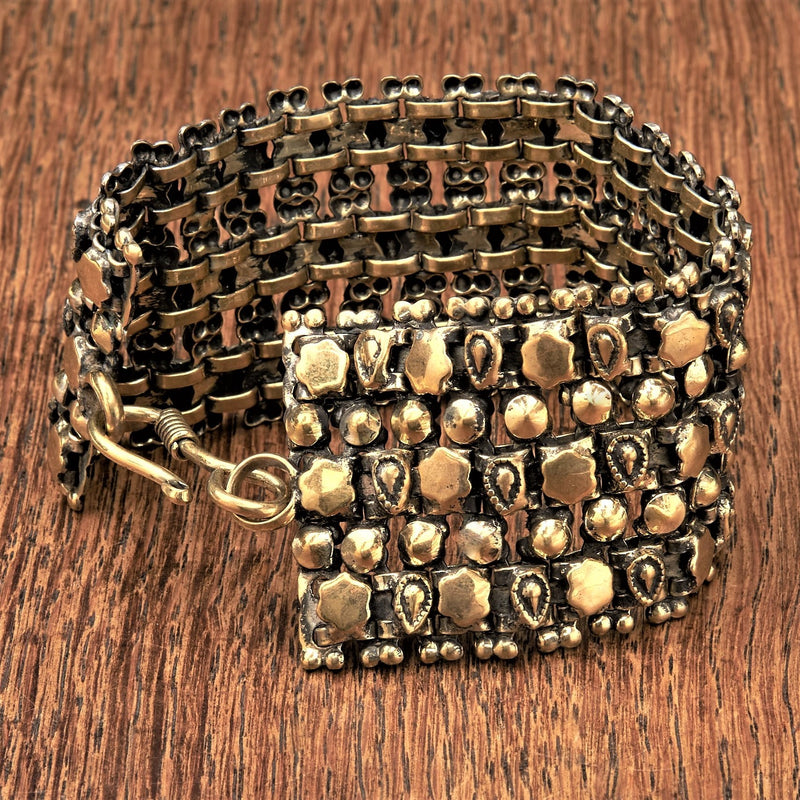Wide Pure Brass Beaded Tribal Chain Bracelet - OMishka