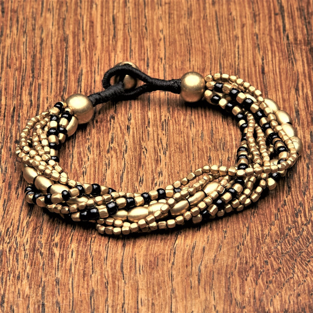 Artisan handmade pure brass and black glass beaded, multi strand bracelet designed by OMishka.