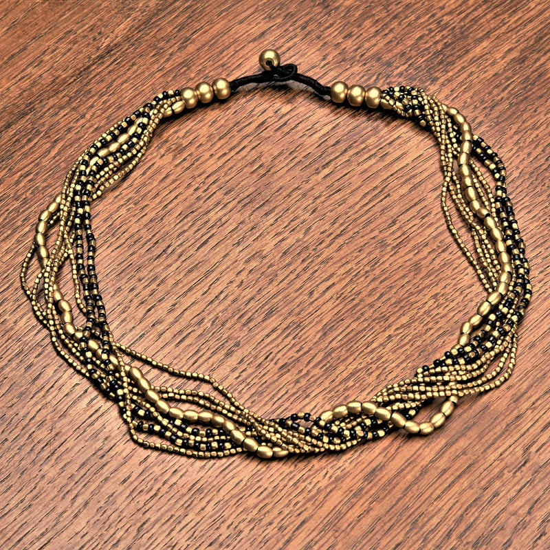 Artisan handmade pure brass and black glass beaded, multi strand necklace designed by OMishka.