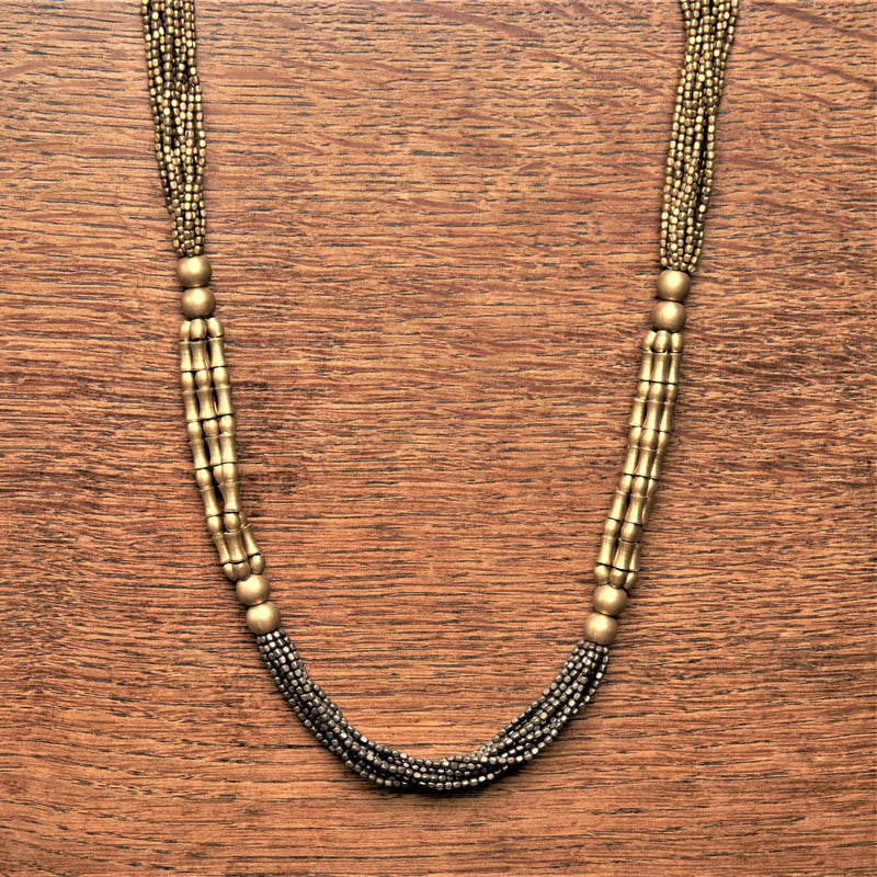 Artisan handmade, pure and oxidised black brass, tiny cube and bone beaded multi strand necklace designed by OMishka.