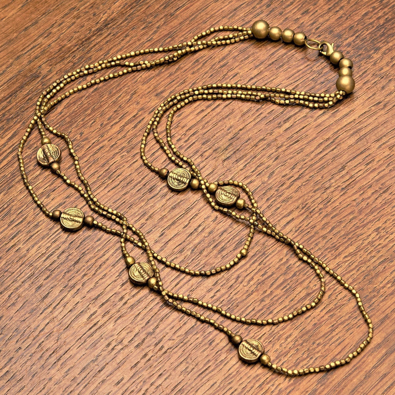 Artisan handmade, pure brass, layered three row, charm beaded necklace.