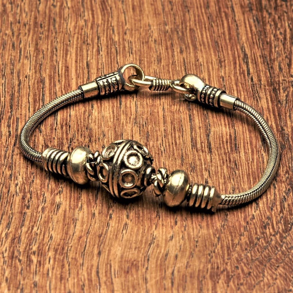 Artisan handmade pure brass, decorative beaded, snake chain bracelet designed by OMishka.