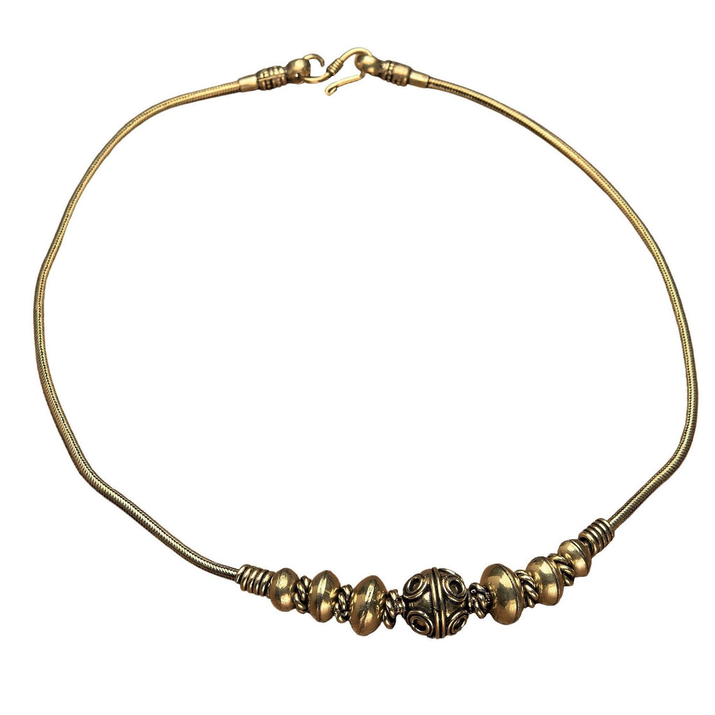 Artisan handmade pure brass, decorative circle beaded, snake chain necklace designed by OMishka.