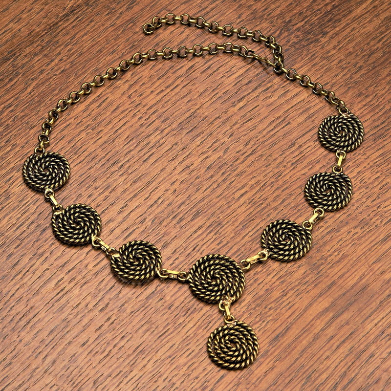 Artisan handmade pure brass, coiled multi spiral detail, adjustable drop necklace designed by OMishka.