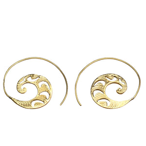 Artisan handmade pure brass, dainty, crescent and swirl patterned spiral hoop earrings designed by OMishka.