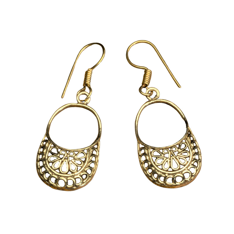 Artisan handmade pure brass, dainty, open circle filigree, drop earrings designed by OMishka.