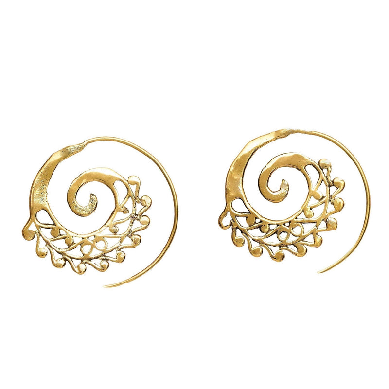 Artisan handmade pure brass, dainty swirl patterned, spiral threader hoop earrings designed by OMishka.