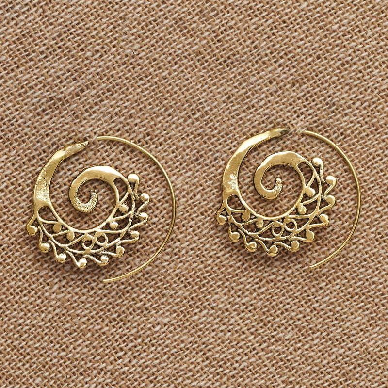 Artisan handmade pure brass, dainty swirl, spiral threader hoop earrings designed by OMishka.
