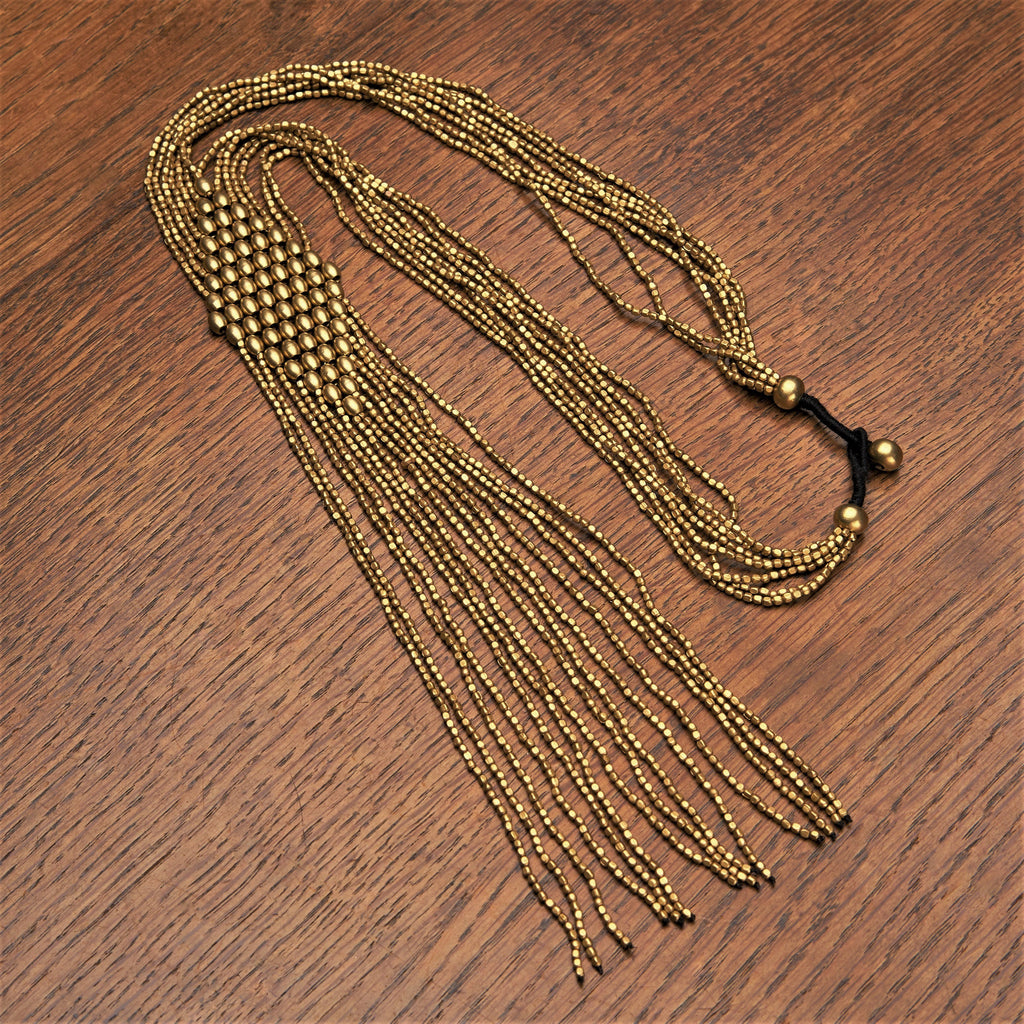 Artisan handmade pure brass, beaded diamond shaped, long drop multi strand necklace designed by OMishka.