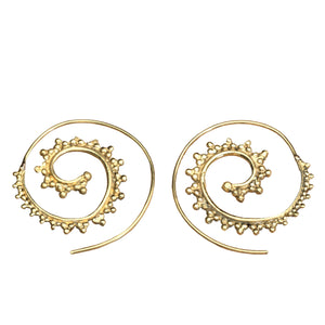 Artisan handmade pure brass, dot beaded, large spiral hoop earrings designed by OMishka.