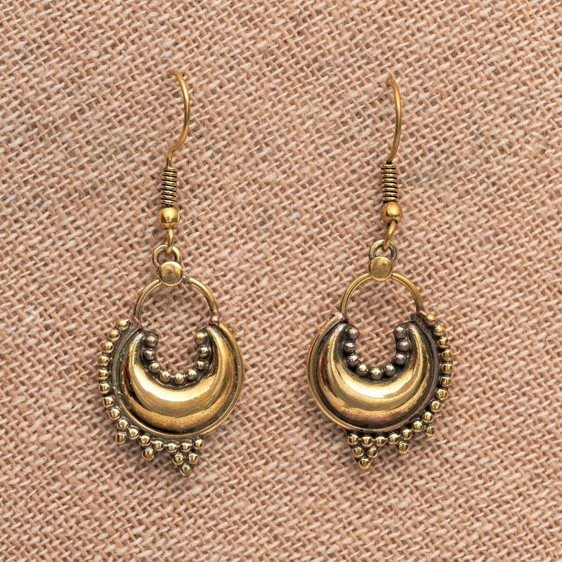 Artisan handmade pure brass, dotted decorated crescent moon, drop hook earrings designed by OMishka.