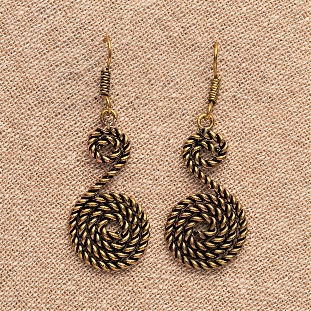 Artisan handmade oxidised pure brass, rope twisted double spiral, long drop earrings designed by OMishka.