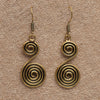 Artisan handmade pure brass, long double spiral drop hook earrings designed by OMishka.
