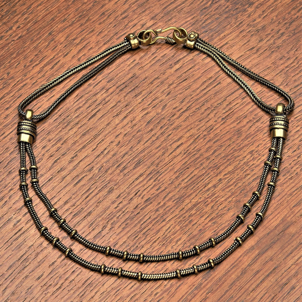 Artisan handmade pure brass, double strand, subtle beaded, snake chain necklace designed by OMishka.