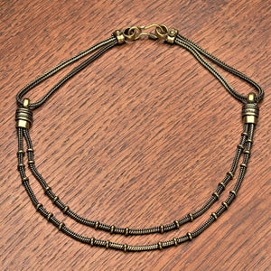 Artisan handmade pure brass, double strand, subtle beaded, snake chain necklace designed by OMishka.