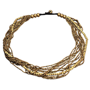 Artisan handmade pure brass, etched barrel beaded multi strand necklace designed by OMishka.