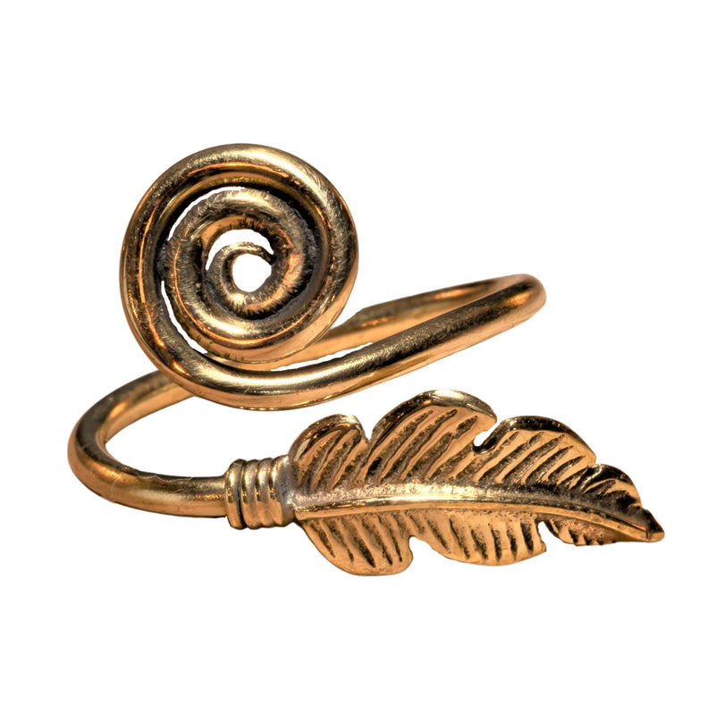 An artisan handmade, pure brass, dainty feather spiral wrap ring designed by OMishka.