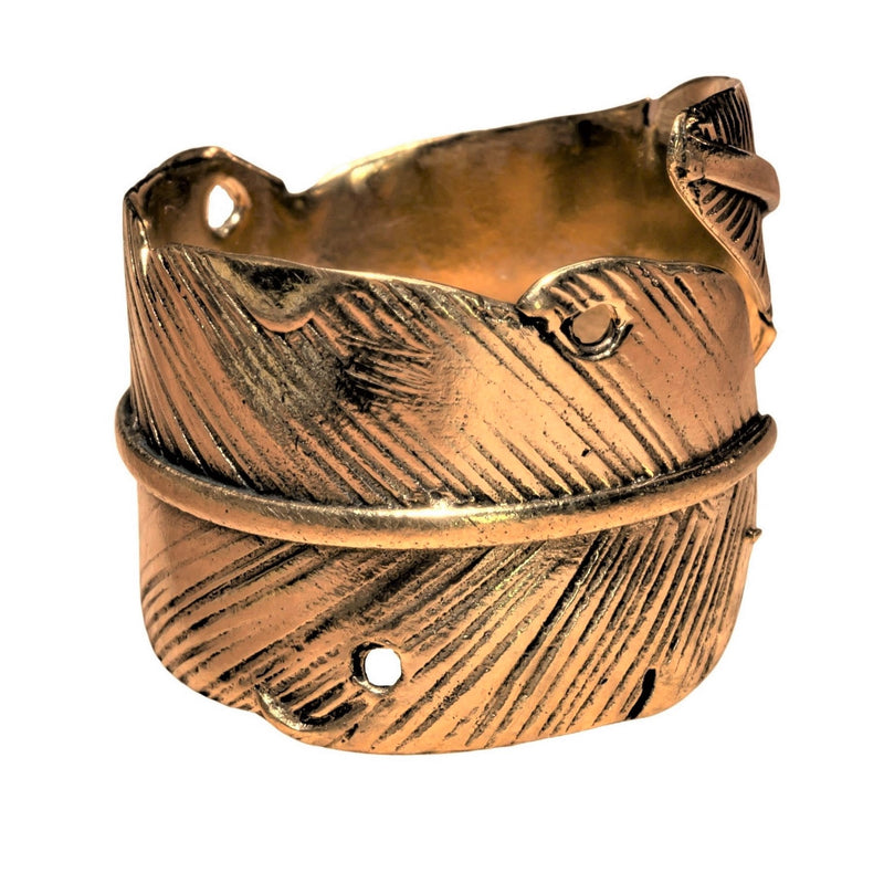 An adjustable, artisan handmade pure brass, feather wrap ring designed by OMishka.
