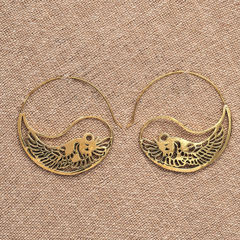 Artisan handmade pure brass, feathered wing detailed, large half hoop earrings designed by OMishka.