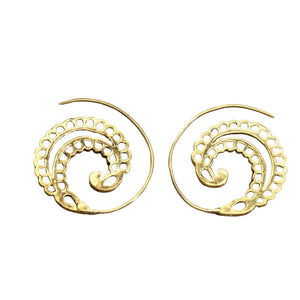 Artisan handmade pure brass, dainty fern leaf, ear hugging spiral hoop earrings designed by OMishka.