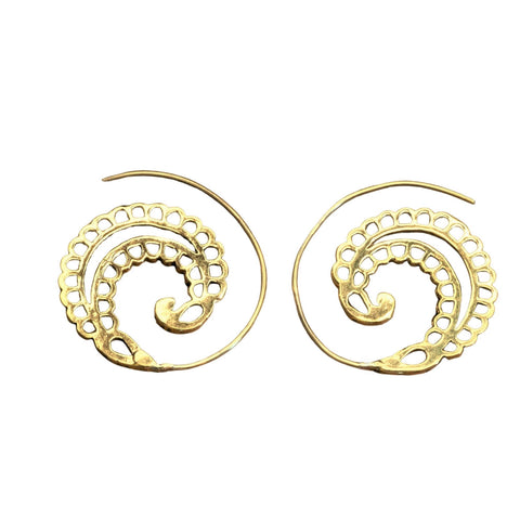 Large Pure Brass Tribal Spiral Hoop Earrings
