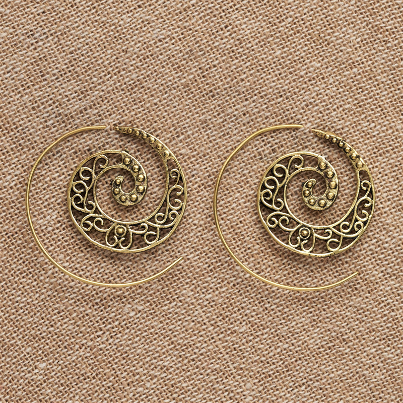 Artisan handmade pure brass, cut out floral detailed, beaded dot spiral hoop earrings designed by OMishka.