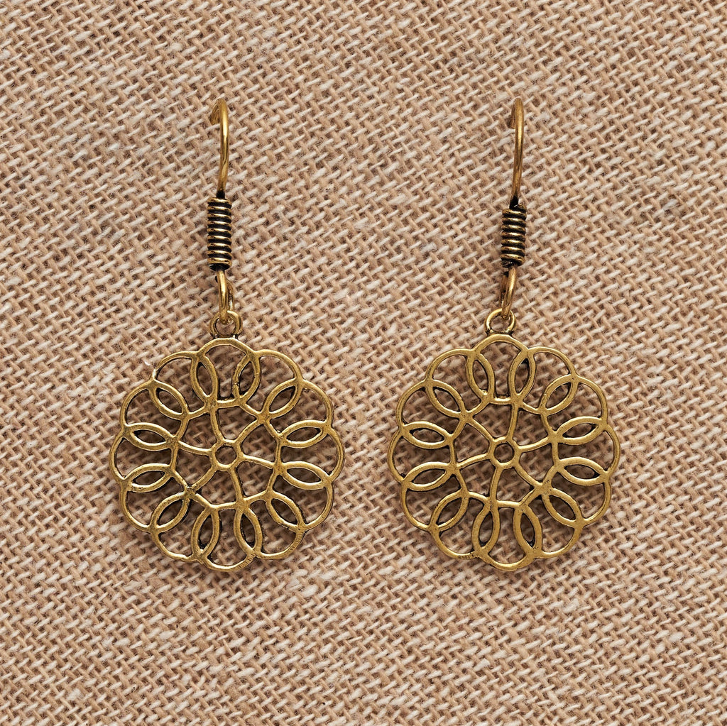 Artisan handmade pure brass, circle patterned, flower mandala drop earrings designed by OMishka.