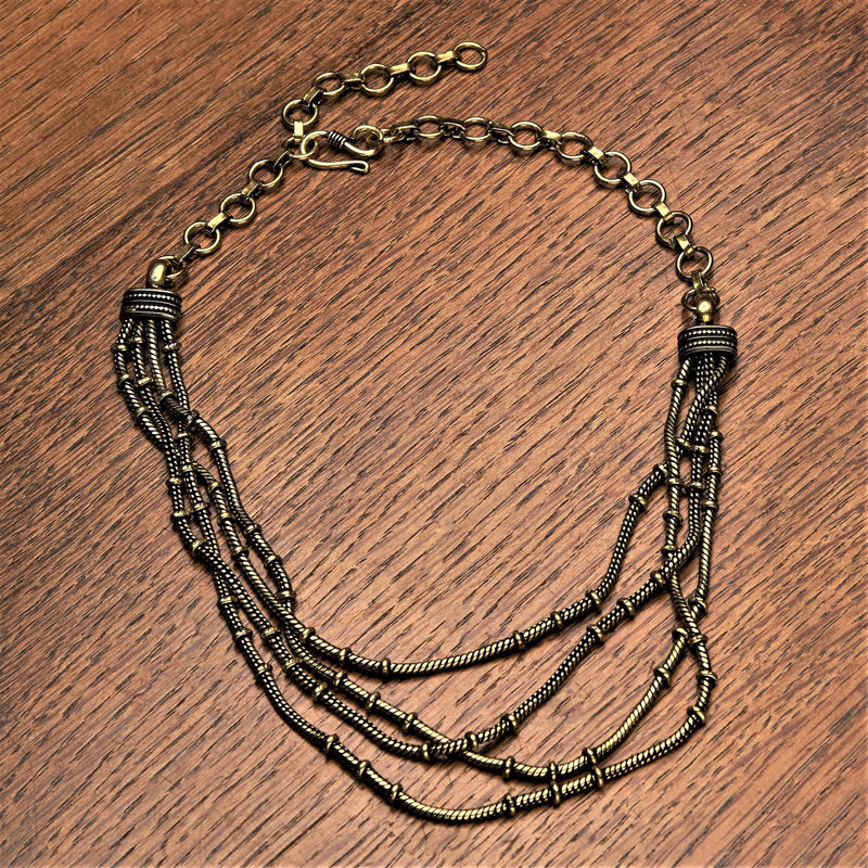 Artisan handmade pure brass, four strand, subtle beaded, adjustable snake chain necklace designed by OMishka.
