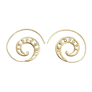 Artisan handmade pure brass, galactic swirl, dainty spiral hoop earrings designed by OMishka.