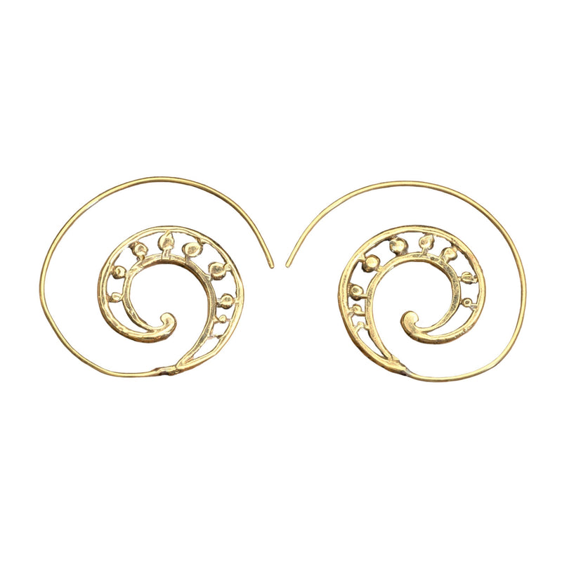 Artisan handmade pure brass, galactic swirl, dainty spiral hoop earrings designed by OMishka.