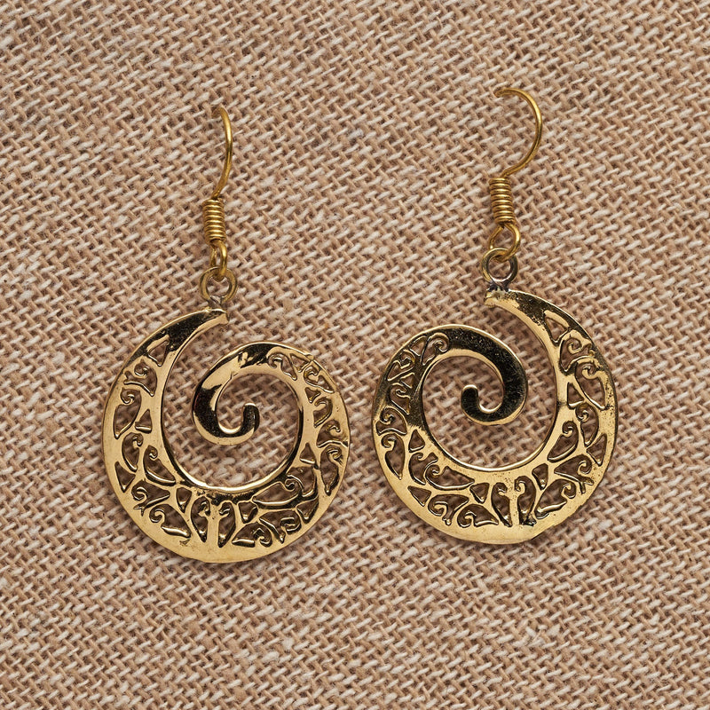 Artisan handmade pure brass, cut out ivy vine detailed, spiral drop earrings designed by OMishka.