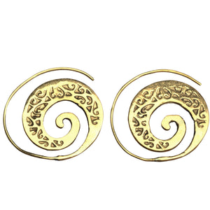 Artisan handmade pure brass, ivy vine detailed spiral hoop earrings designed by OMishka.