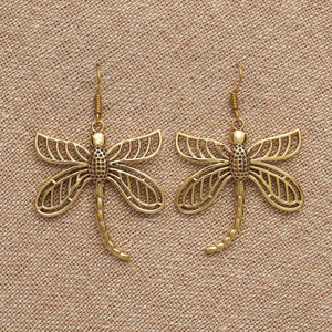 Artisan handmade pure brass, large dragonfly drop hook earrings designed by OMishka.