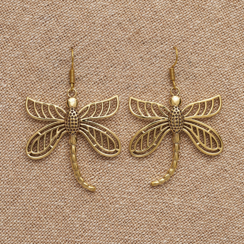 Artisan handmade pure brass, large dragonfly drop hook earrings designed by OMishka.