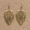 Artisan handmade pure brass, flower and dot patterned, large leaf drop earrings designed by OMishka.