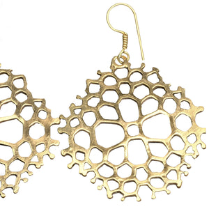 Artisan handmade pure brass, large honeycomb drop earrings designed by OMishka.