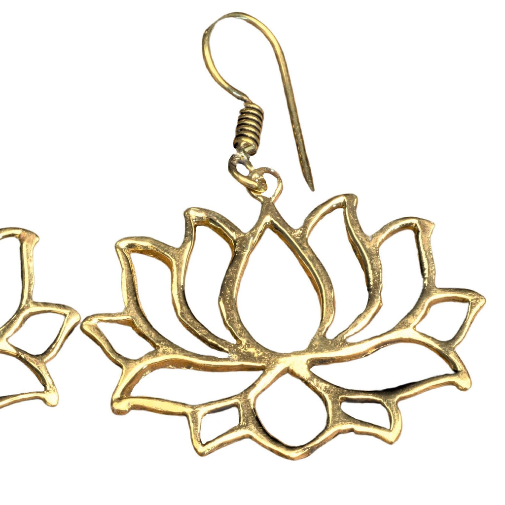 Artisan handmade pure brass, large open lotus flower, drop hook earrings designed by OMishka.