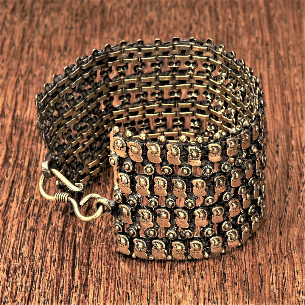 Artisan handmade pure brass, decorative tribal disc patterned, large chainmail bracelet designed by OMishka.