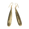 Artisan handmade pure brass, long patterned shield drop hook earrings designed by OMishka.