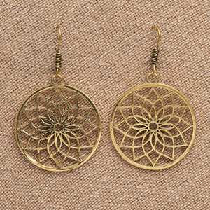 Artisan handmade pure brass, lotus flower mandala, disc drop earrings designed by OMishka.