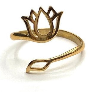 An artisan handmade pure brass, open lotus flower wrap ring designed by OMishka.